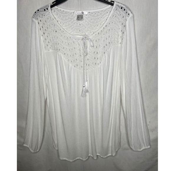 Lascana for Venus White Eyelet Lace Peasant Blouse Tassel Tie Gauze Top Large - Picture 2 of 5